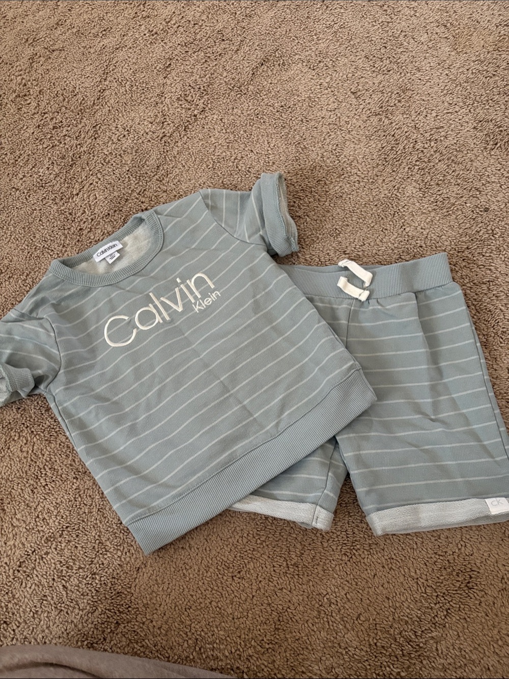 Calvin Klein Boys Sage Green Striped Short Set